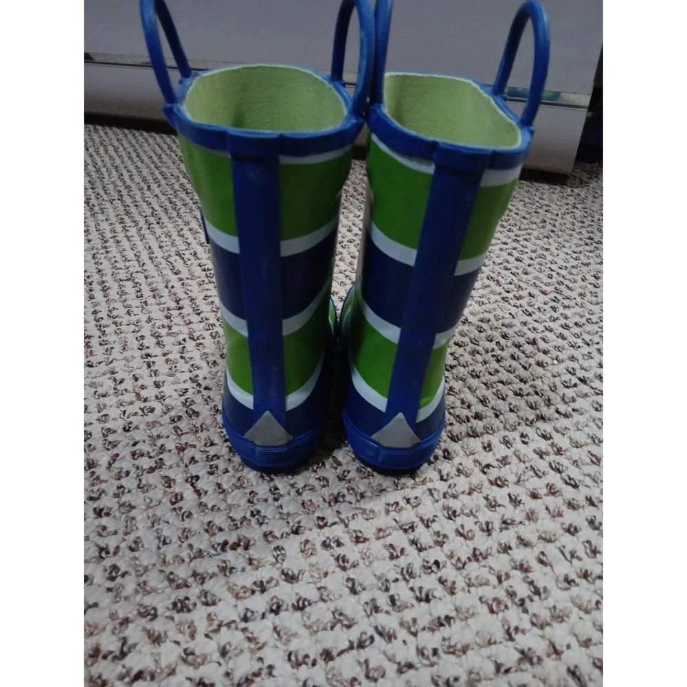 L.L. Bean Toddler Puddle Stompers Green And Blue Striped Rain Boots Size 9